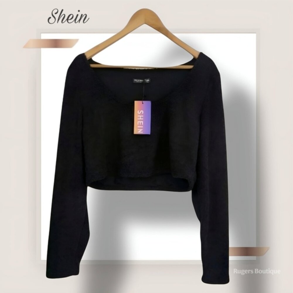 🌿Shein Curve Women's 3XL Black Fuzzy Longsleeve Crop Top Sweater